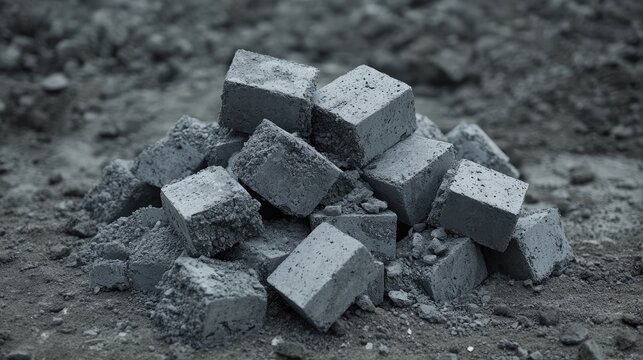 Broken aerated concrete blocks stacked on a construction site showcasing debris and space for text illustrating construction and demolition concepts