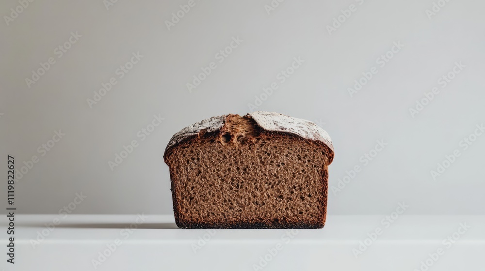 Poster rye bread loaf with a rustic crust displayed on a clean white background showcasing its texture and 