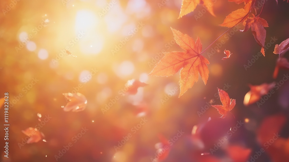 Poster autumn maple leaves falling in sunlight creating a warm natural background with vibrant colors and s