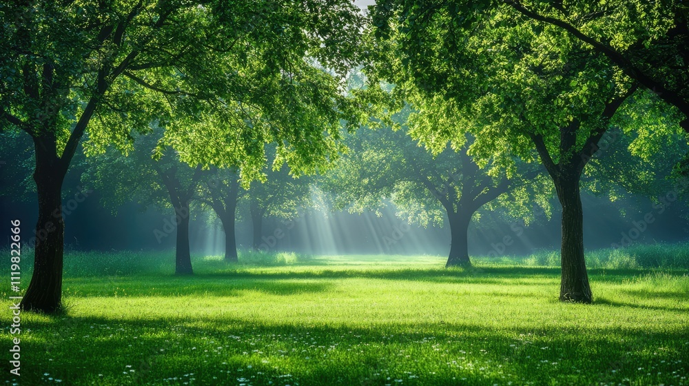 Poster sunlit green field with lush trees creating a serene atmosphere in a tranquil natural setting