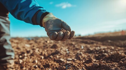 Construction worker in gloves holding small materials at a building site under a clear blue sky with focus on safety and diligence