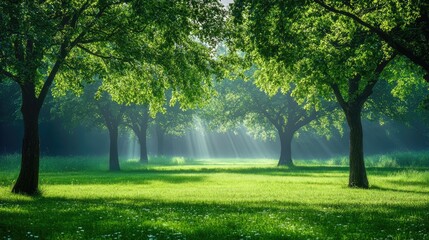 Fototapeta premium Sunlit green field with lush trees creating a serene atmosphere in a tranquil natural setting