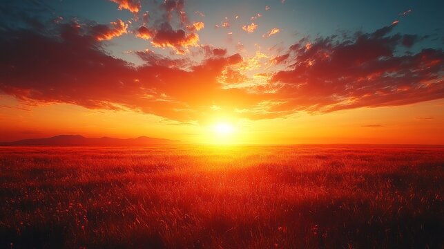 Vibrant sunset over a vast, fiery grassland. - Powered by Adobe