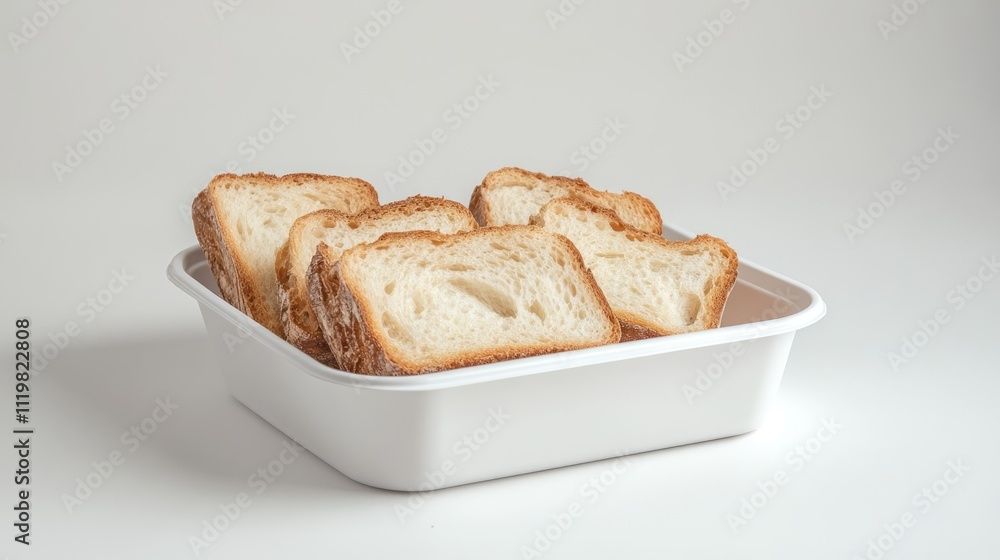 Poster sliced bread pieces arranged neatly in a white container on a minimalist background ideal for food-r