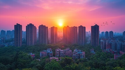 Fototapeta premium Vibrant sunset over city skyline.