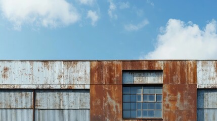 Obraz premium Rustic corrugated iron and concrete warehouse facade against a blue sky showcasing weathered textures and industrial architecture.