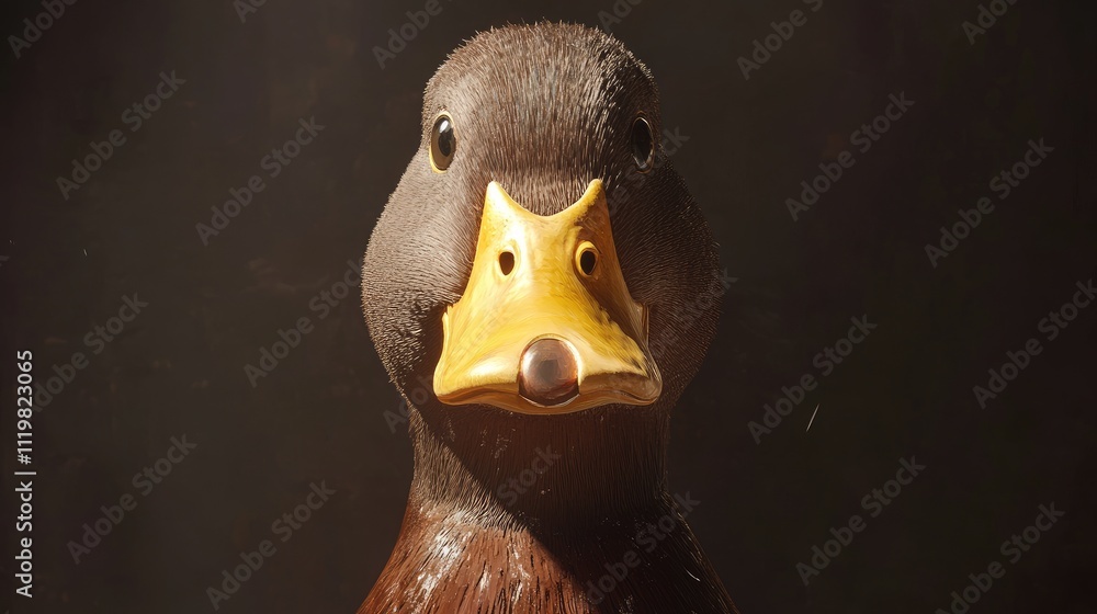 Poster duck with yellow beak and brown feathers gazing calmly at the camera portraying a serene and peacefu