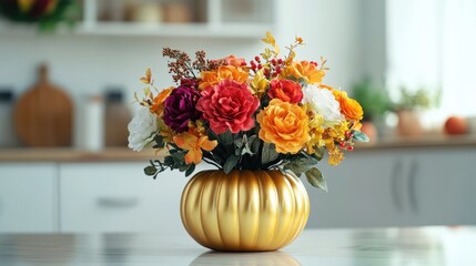 Autumn bouquet of vibrant artificial flowers in a golden pumpkin vase on a kitchen counter celebrating Thanksgiving and Halloween decor