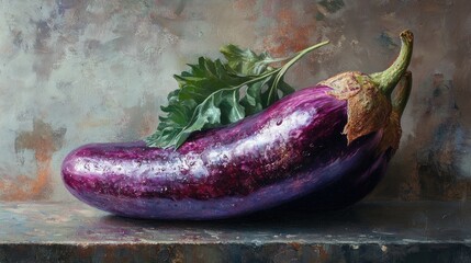 Vibrant aubergine with green leaves on textured background showcasing natural beauty of vegetables in artistry and photography