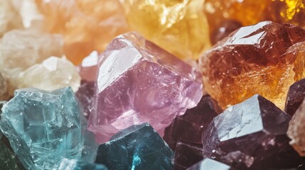Fototapeta premium Vibrant closeup of assorted mineral stones showcasing diverse colors and crystal structures in natural lighting