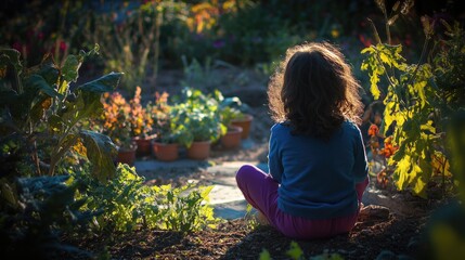 Girl in organic vegetable farm contemplating harvest amidst blooming plants and vibrant greenery.