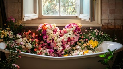 Fototapeta premium Romantic bathtub adorned with a heart-shaped arrangement of colorful flowers and sunlight streaming through an open window