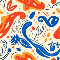 Fototapeta premium A joyful and playful seamless pattern featuring organic shapes in vibrant shades of orange, red, blue, and yellow on a light beige background.