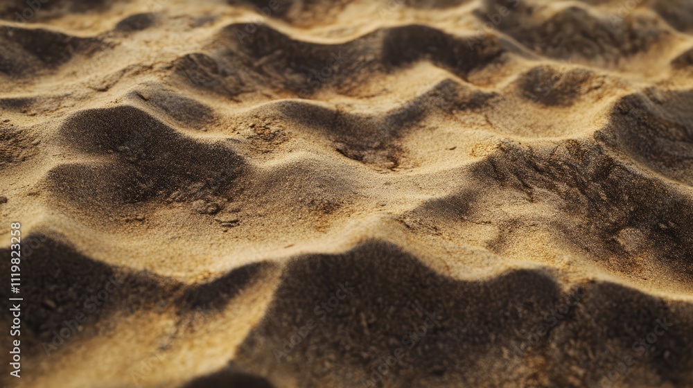 Poster close-up view of textured sandy beach surface with gentle waves and patterns formed by wind and tide