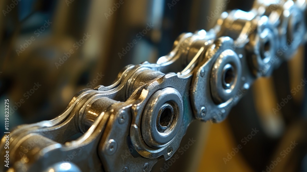 Poster close-up of bicycle chain components showcasing intricate design and metallic texture for cycling ma
