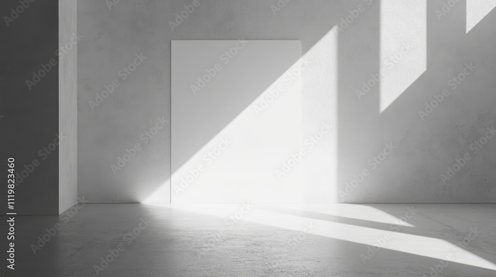Poster minimalist empty space with blank photo paper illuminated by light beams creating a serene and versa