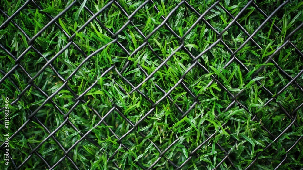 Poster artificial grass interwoven with chain link fence creating a textured green background