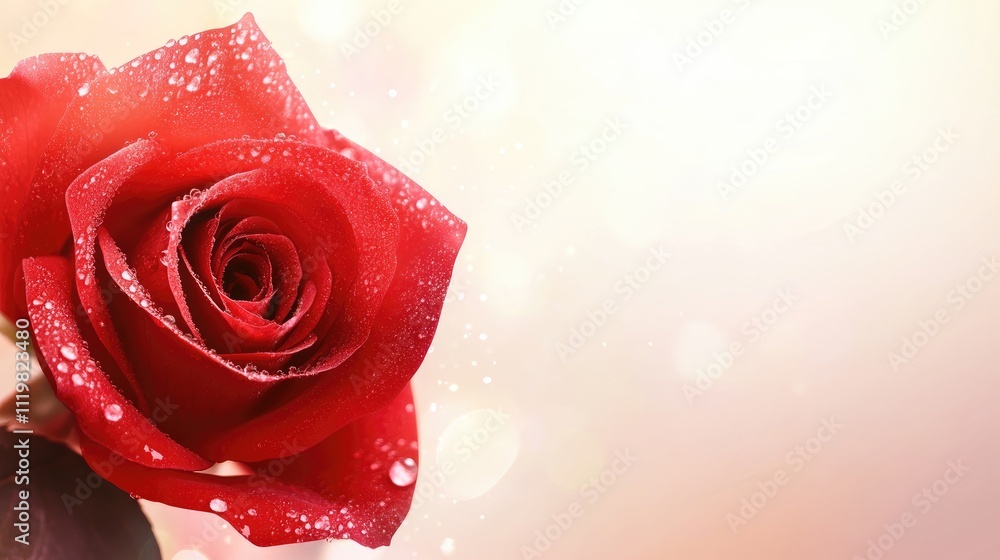 Poster elegant red rose adorned with dew drops on a soft light background offering space for text and desig