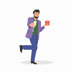 Holiday vector concept illustration in flat style.  Young man holds gift and a glass of champagne.