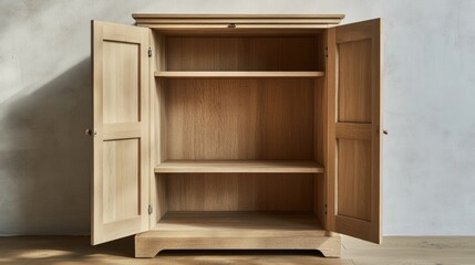 Fototapeta premium DIY wooden cabinet assembly at home with open doors showcasing empty shelves in a modern interior setting.
