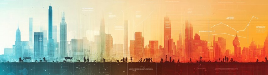 Cityscape at sunset with people silhouettes and a graph overlay.