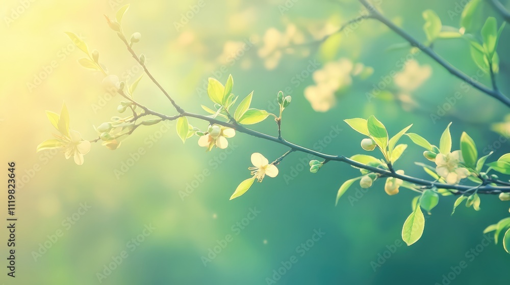 Poster spring awakening in the forest with budding shrub branch and new leaves illuminated by soft light