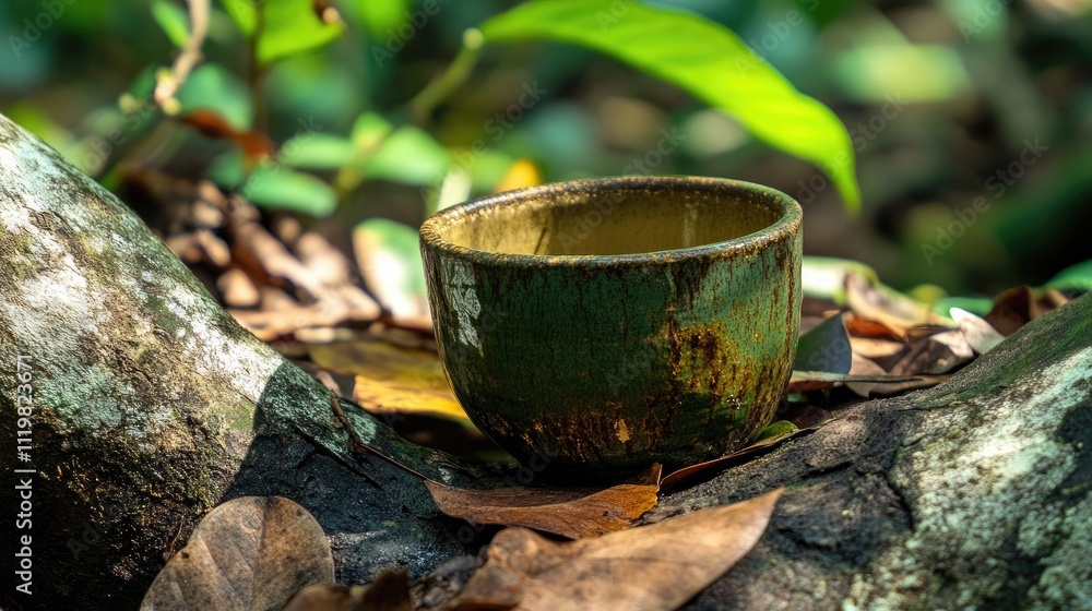 Poster rubber tree with a lower cut line and empty ceramic cup resting on its bark surrounded by fallen lea