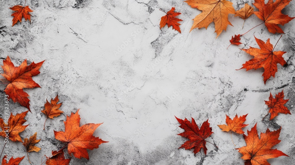 Poster textured maple autumn leaves on gray concrete background minimalistic fall invitation card with empt