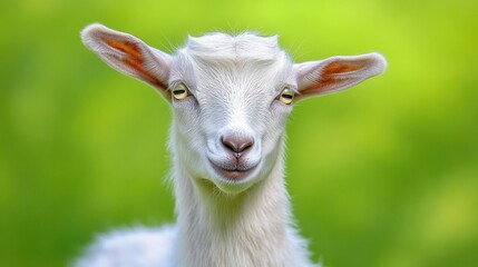 Closeup of a white domestic goat gazing at the camera with a soft expression against a vibrant green blurred background