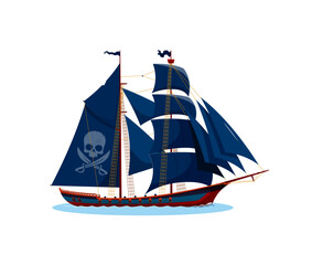 Pirate ship with black sails, skull and crossbones symbol. Isolated carton vector majestic corsair vessel evokes a sense of adventure and freedom, open sea exploration, maritime history or pirate lore