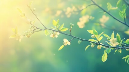 Spring Awakening in the Forest with Budding Shrub Branch and New Leaves Illuminated by Soft Light