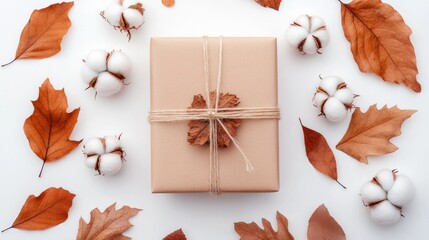 Autumn winter gift composition with dried leaves and cotton flowers on white flat lay background