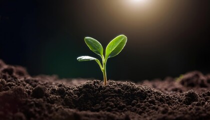 Close-up of a tiny seedling sprouting from the soil, representing growth, potential, and transformation