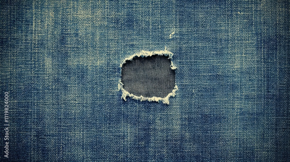 Aufkleber denim fabric background with torn hole and exposed threads for textured design applications