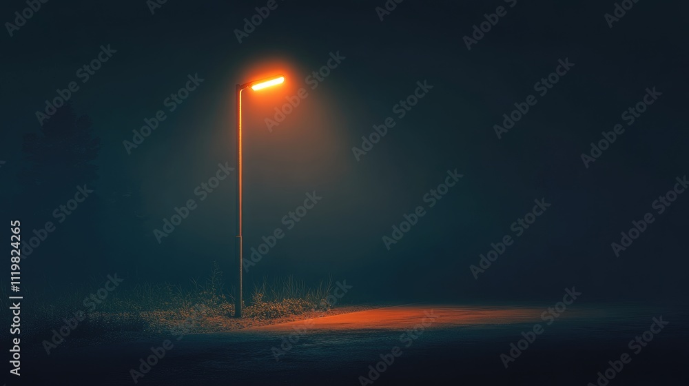 Poster illuminated street lamp casting a warm glow in a dark foggy setting creating a moody urban atmospher