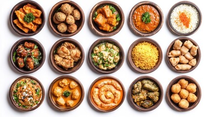 Diverse Arabic Ramadan dishes for Iftar including fried rolls, biryani, kofta, and more presented in a top view collection