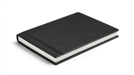 Elegant black notebook with a sleek design resting on a clean white background ideal for stationery and office supplies concepts