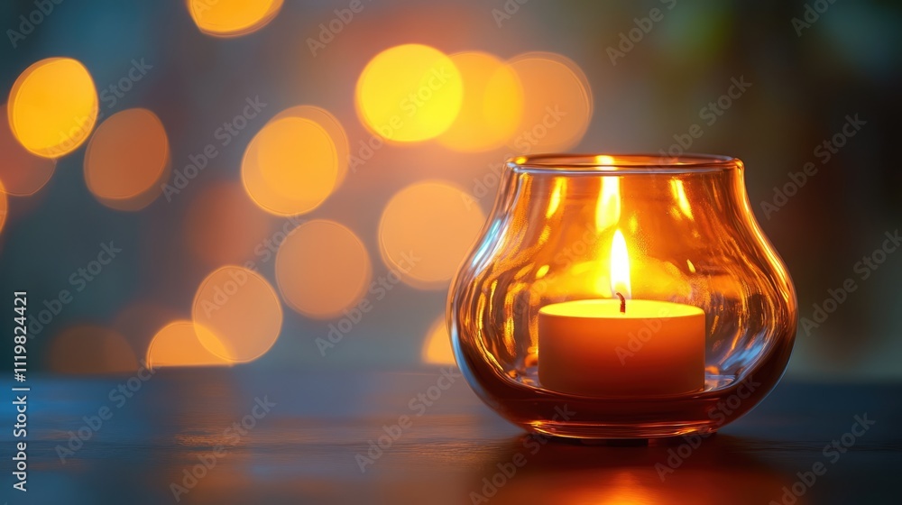 Poster aroma oil diffuser lamp glowing softly with candlelight against a blurred bokeh background creating 