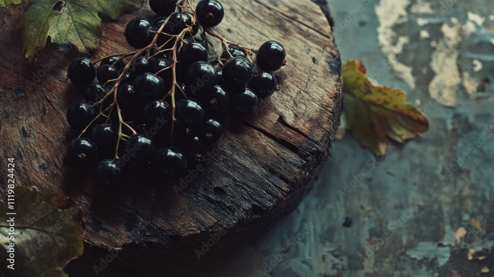Poster black currants resting on a rustic wooden board surrounded by autumn leaves on a textured tabletop s