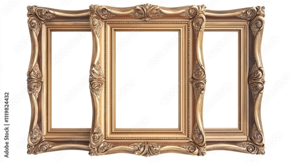 Poster realistic 3d rendering of three ornate picture frames in a horizontal landscape mockup isolated on a