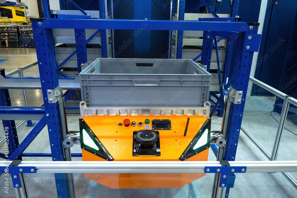 Poster amr robot in warehouse. autonomous mobile robot. storage machines. amr travels on vertical rails. wa