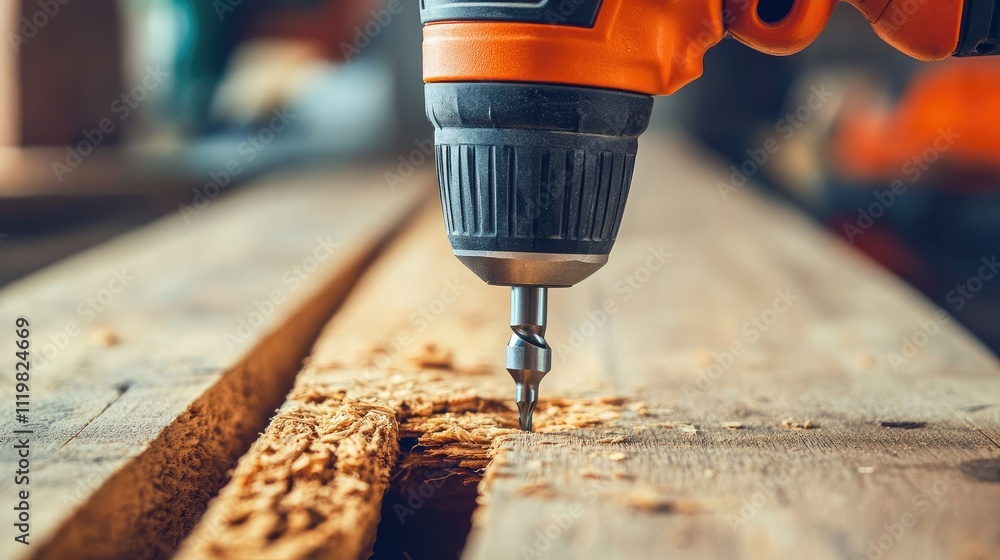 Poster cordless drill in action on wood surface showing precision and construction tools in workshop enviro