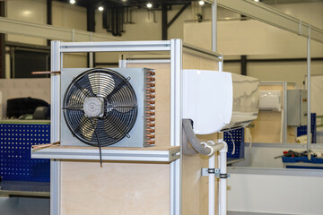 Conditioning equipment. Conditioner unit on demonstration stand. Split system for air purification,...