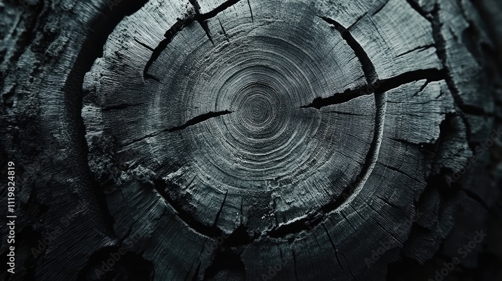 Poster close-up of a tree trunk cross-section showcasing intricate concentric rings and visible cracks high