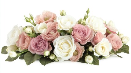 Obraz premium Delicate bouquet of pink and white roses with eustoma flowers elegantly arranged on a white background for floral design inspiration.