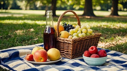 A retro picnic in a sunny park with a classic setup.