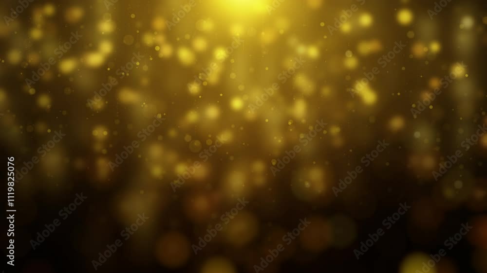 Poster Glittering gold particle background greeting merry Christmas footage with lens flare shinning light. Abstract straight line with bokeh falling for new year festival 4K motion loop