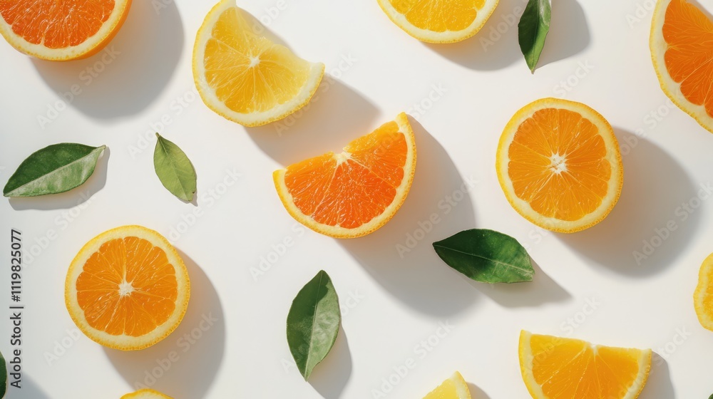 Poster citrus fruit slices and green leaves arranged on a white background creating a fresh and vibrant com