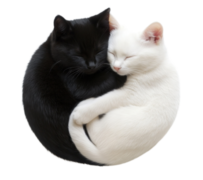 Two sleeping cats forming yin yang shape, isolated on transparent cutout background