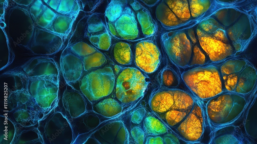 Poster abstract colorful cells with vivid patterns and textures in blue
